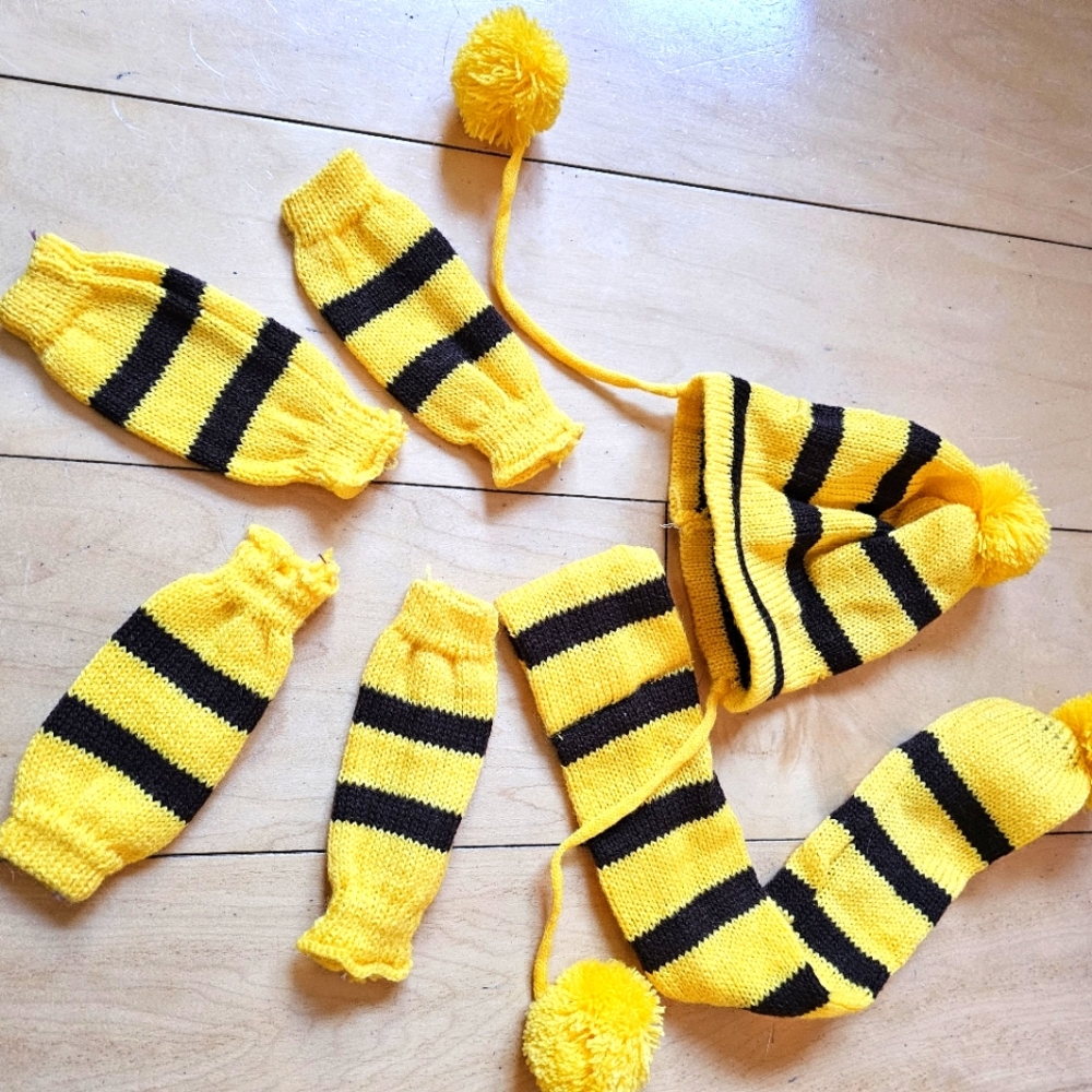 Yellow and dark brown Doggy Hat scarf and leg warmer set